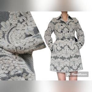 Robert Rodriguez Black Covered in lace  Baroque Short Belted Trench Coat Size 6